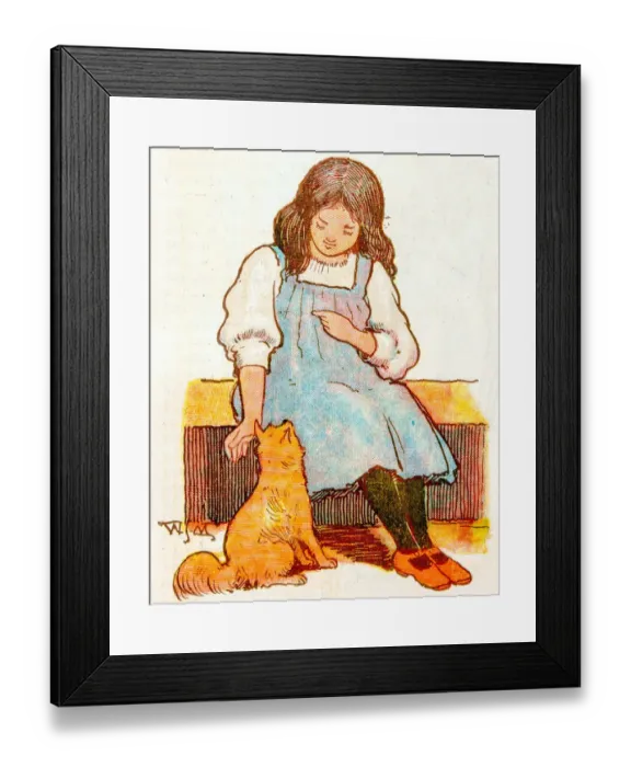 Framed Print : Antique children book illustrations: Girl and cat Framed Print : Antique children book illustrations: Girl and cat