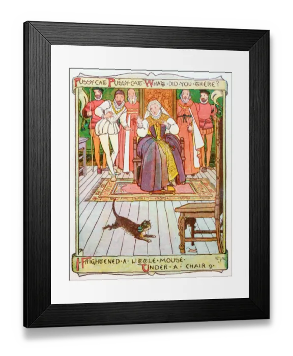 Framed Print : Antique children book illustrations: Queen and cat Framed Print : Antique children book illustrations: Queen and cat