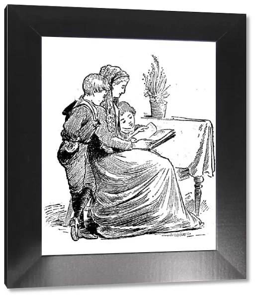 Antique children book illustrations: Woman reading to children