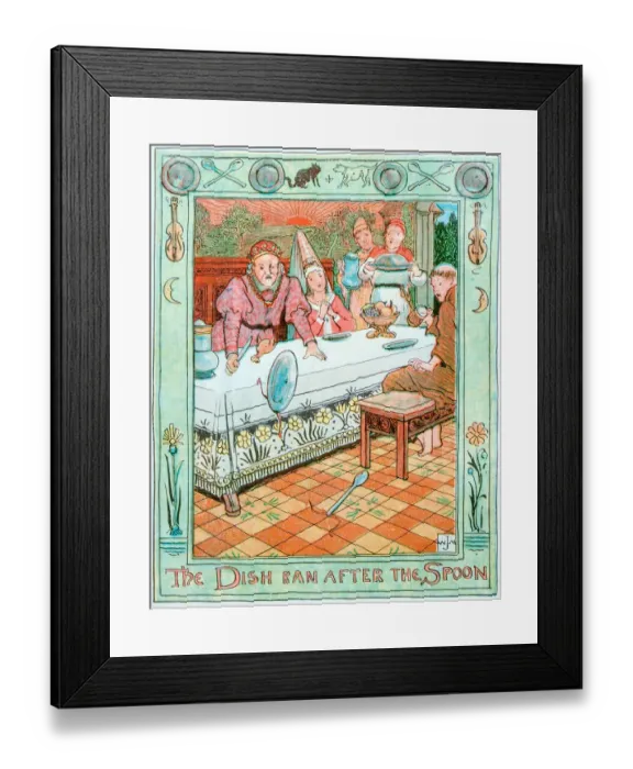 Framed Print : Antique children book illustrations: The dish ran after the spoon Framed Print : Antique children book illustrations: The dish ran after the spoon