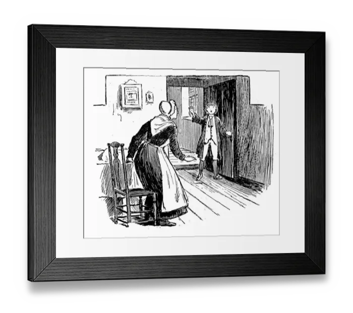 Framed Print : Antique children book illustrations: Boy and woman Framed Print : Antique children book illustrations: Boy and woman