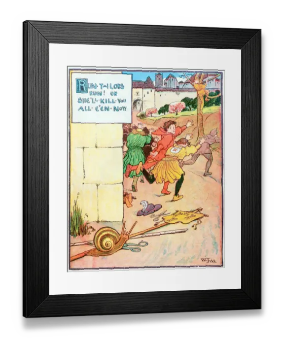Framed Print : Antique children book illustrations: Tailors and snail Framed Print : Antique children book illustrations: Tailors and snail
