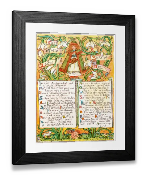 Framed Print : Antique children book illustrations: The white lady, a spring riddle Framed Print : Antique children book illustrations: The white lady, a spring riddle