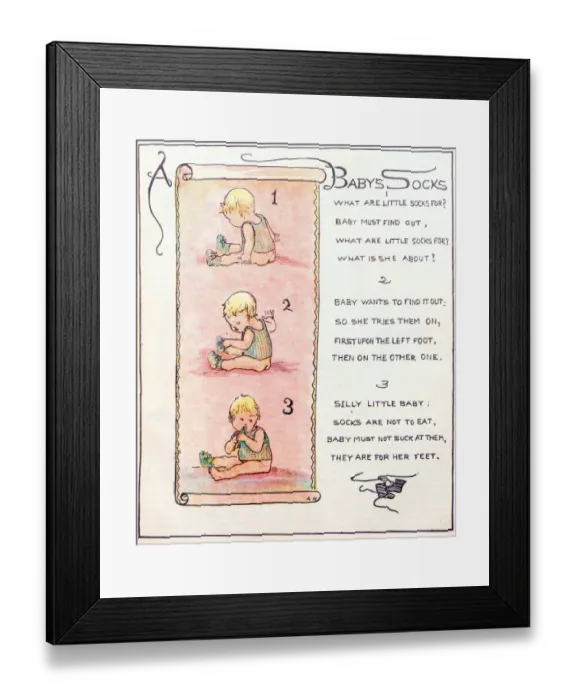 Framed Print : Antique children book illustrations: Baby socks