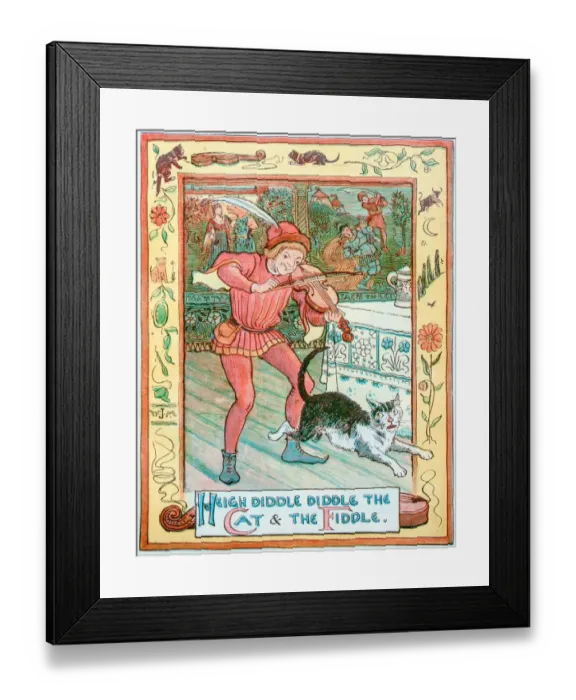 Framed Print : Antique children book illustrations: Violin player and cat