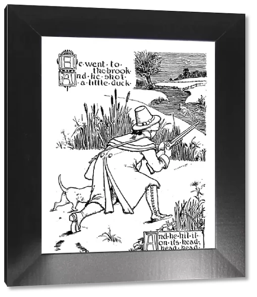 Antique children book illustrations: Man hunting duck