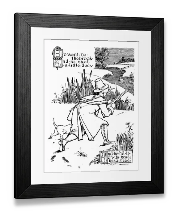 Framed Print : Antique children book illustrations: Man hunting duck Framed Print : Antique children book illustrations: Man hunting duck