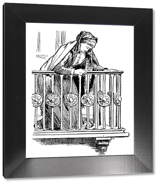 Antique children book illustrations: Woman on balcony