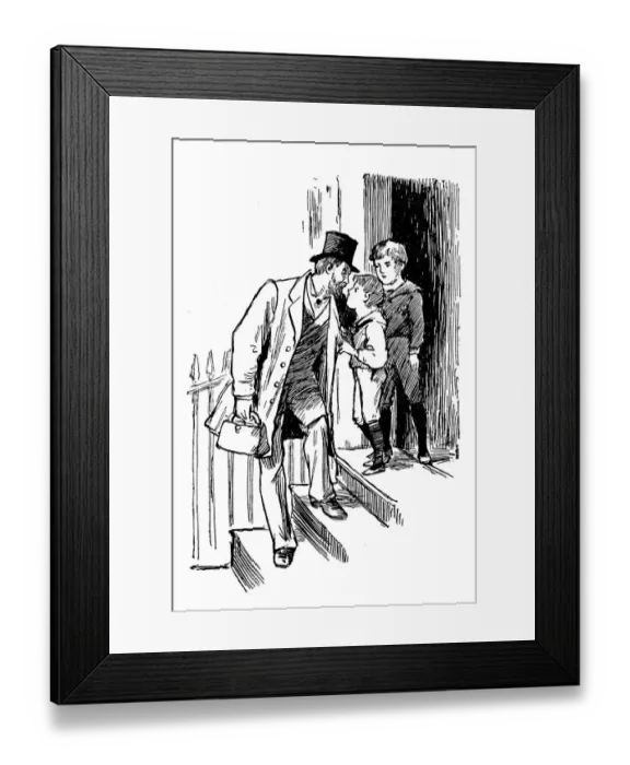 Framed Print : Antique children book illustrations: Father leaving Framed Print : Antique children book illustrations: Father leaving