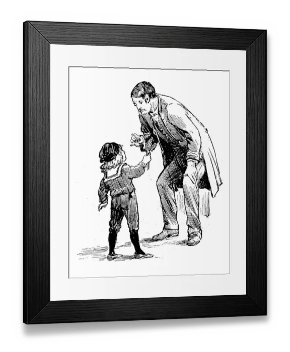 Framed Print : Antique children book illustrations Boy giving flowers to man Framed Print : Antique children book illustrations Boy giving flowers to man