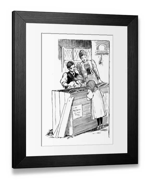 Framed Print : Antique children book illustrations: Opening crate Framed Print : Antique children book illustrations: Opening crate