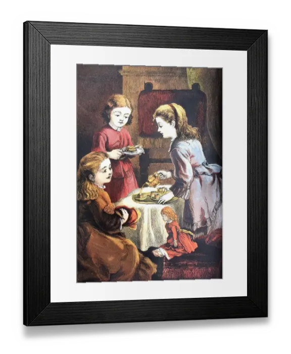 Framed Print : Three girls having a tea party in living room Framed Print : Three girls having a tea party in living room
