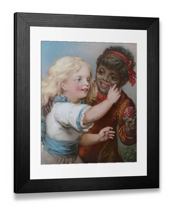 Framed Print : Blond girl touching the skin of a black african girl Framed Print : Blond girl touching the skin of a black african girl