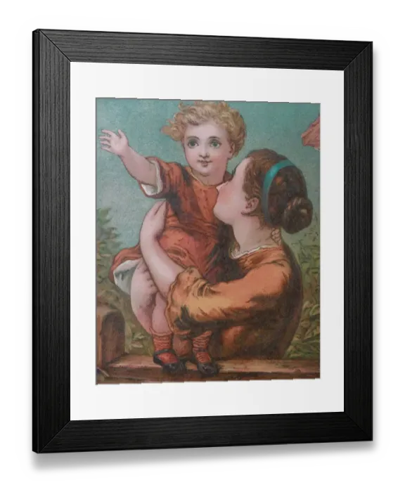 Framed Print : Blond girl in the arms of mother waving with hand Framed Print : Blond girl in the arms of mother waving with hand