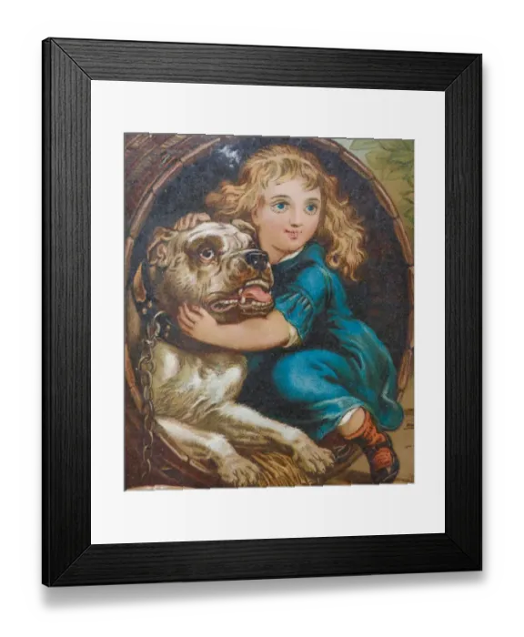 Framed Print : Girl embracing her dog in the barrel kennel Framed Print : Girl embracing her dog in the barrel kennel