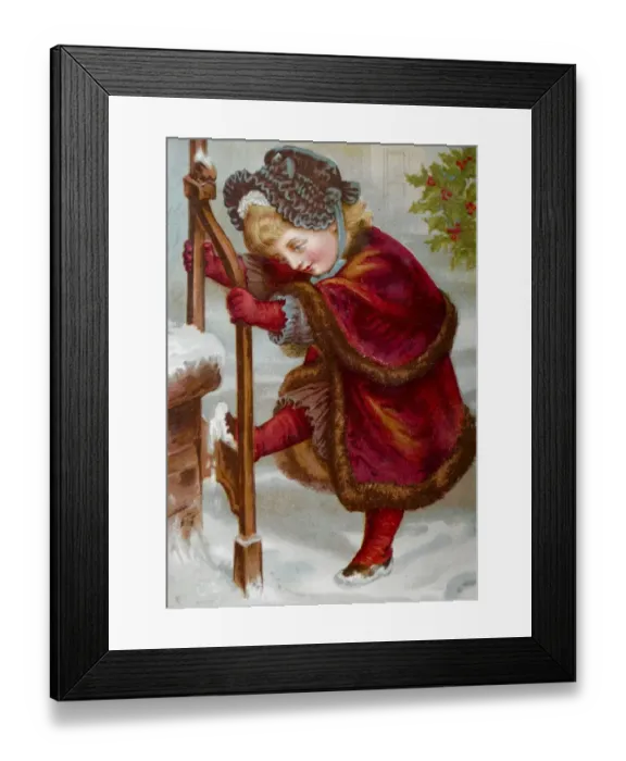 Framed Print : Girl scraping off the snow of her feet at the staircase Framed Print : Girl scraping off the snow of her feet at the staircase
