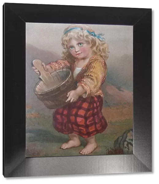 Young blond girl carrying a wooden bucket