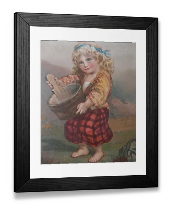 Framed Print : Young blond girl carrying a wooden bucket Framed Print : Young blond girl carrying a wooden bucket