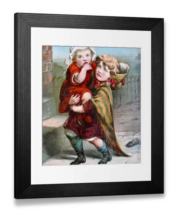 Framed Print : Girl walking on street carrying a baby saying: baby is heavy Framed Print : Girl walking on street carrying a baby saying: baby is heavy