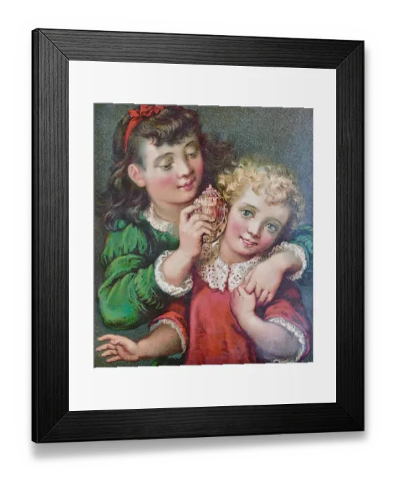 Framed Print : Girl holding a shell at the ear of her sister Framed Print : Girl holding a shell at the ear of her sister