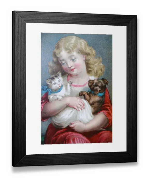 Framed Print : Blond girl sitting and holding a young cat and dog in her arms Framed Print : Blond girl sitting and holding a young cat and dog in her arms