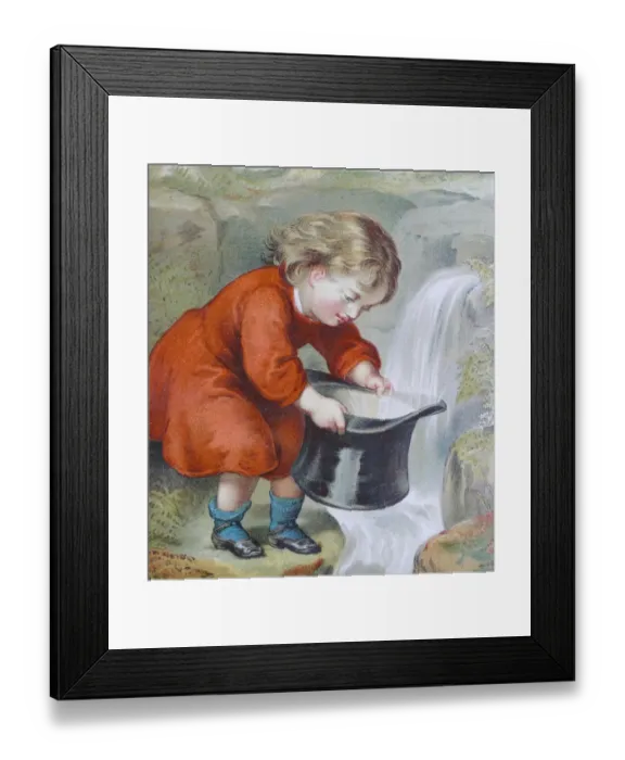 Framed Print : Girl outdoor at waterfall is filling a hat with water Framed Print : Girl outdoor at waterfall is filling a hat with water