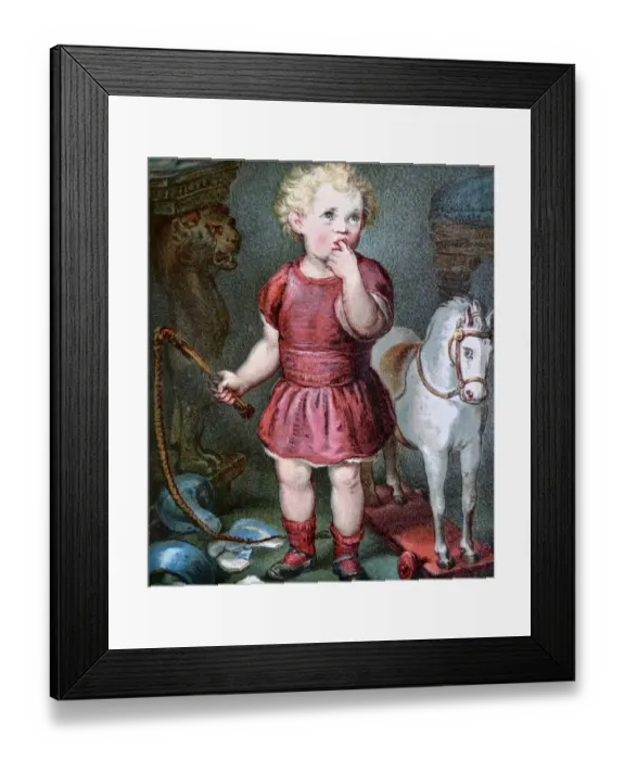 Framed Print : Girl standing with whip between his toys with a broken vase Framed Print : Girl standing with whip between his toys with a broken vase