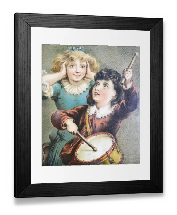 Framed Print : A girl making music with a drum, another girl holding the ears closed with her hands Framed Print : A girl making music with a drum, another girl holding the ears closed with her hands