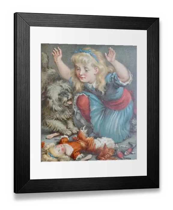 Framed Print : Girl shouting at her dog for having destroyed her puppet Framed Print : Girl shouting at her dog for having destroyed her puppet