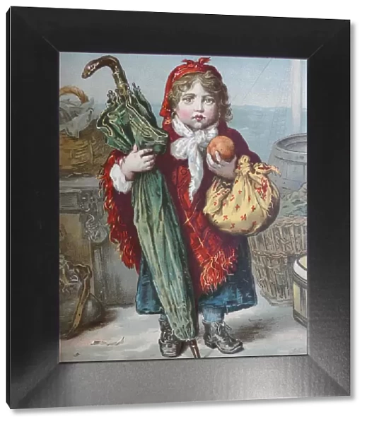 The emigrant girl: standing on ship, holding an umbrella, apple and a cloth