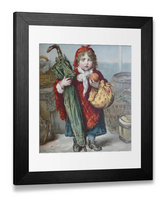 Framed Print : The emigrant girl: standing on ship, holding an umbrella, apple and a cloth Framed Print : The emigrant girl: standing on ship, holding an umbrella, apple and a cloth