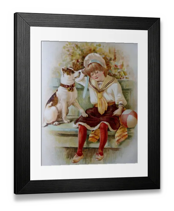 Framed Print : Girl and dog sittin on a bench, outdoor, summer Framed Print : Girl and dog sittin on a bench, outdoor, summer
