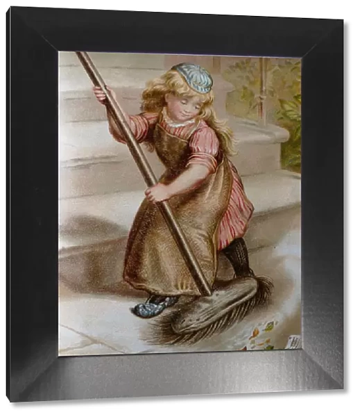 Blond girl with long hair sweeping the staircase with large broom