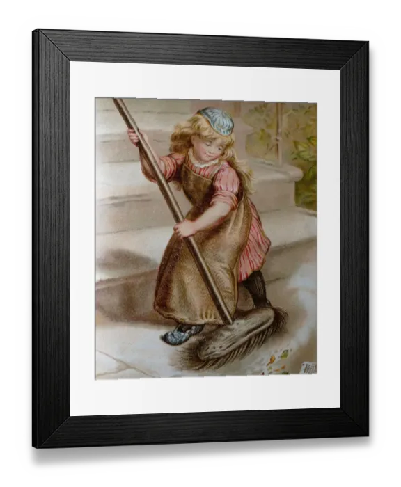 Framed Print : Blond girl with long hair sweeping the staircase with large broom Framed Print : Blond girl with long hair sweeping the staircase with large broom
