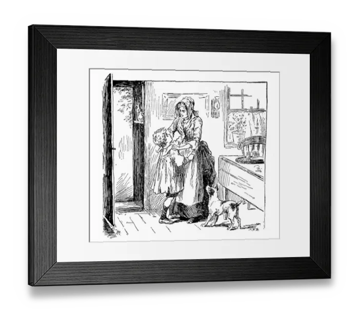 Framed Print : Antique childrens book comic illustration: mother and son indoor Framed Print : Antique childrens book comic illustration: mother and son indoor