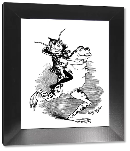 Antique childrens book comic illustration: elf and frog