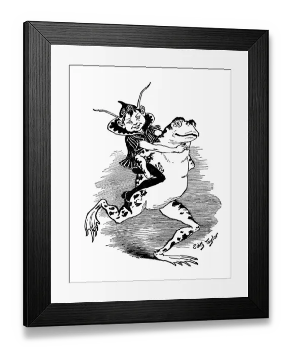 Framed Print : Antique childrens book comic illustration: elf and frog