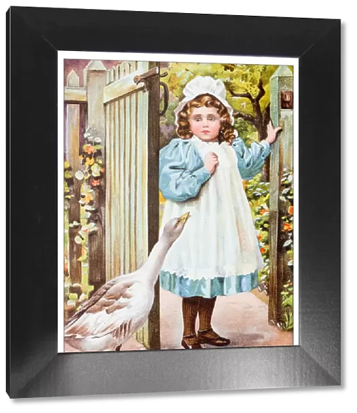 Antique childrens book comic illustration: little girl with goose
