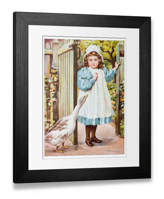 Framed Print : Antique childrens book comic illustration: little girl with goose Framed Print : Antique childrens book comic illustration: little girl with goose