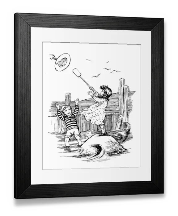 Framed Print : Antique childrens book comic illustration: children on boat Framed Print : Antique childrens book comic illustration: children on boat