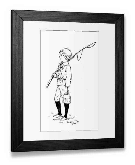 Framed Print : Antique childrens book comic illustration: boy with fishing rod Framed Print : Antique childrens book comic illustration: boy with fishing rod