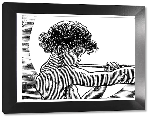Antique childrens book comic illustration: boy blowing into trumpet