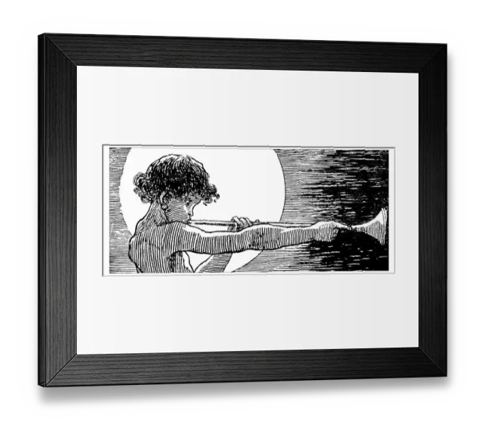 Framed Print : Antique childrens book comic illustration: boy blowing into trumpet Framed Print : Antique childrens book comic illustration: boy blowing into trumpet