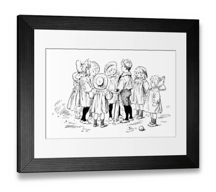 Framed Print : Antique childrens book comic illustration: children cricket match Framed Print : Antique childrens book comic illustration: children cricket match