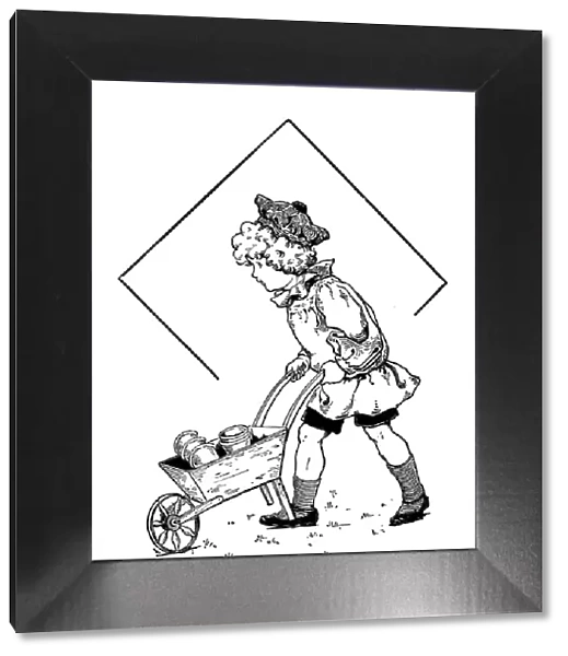 Antique childrens book comic illustration: boy with wheelbarrow