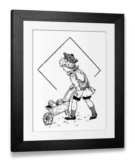 Framed Print : Antique childrens book comic illustration: boy with wheelbarrow Framed Print : Antique childrens book comic illustration: boy with wheelbarrow