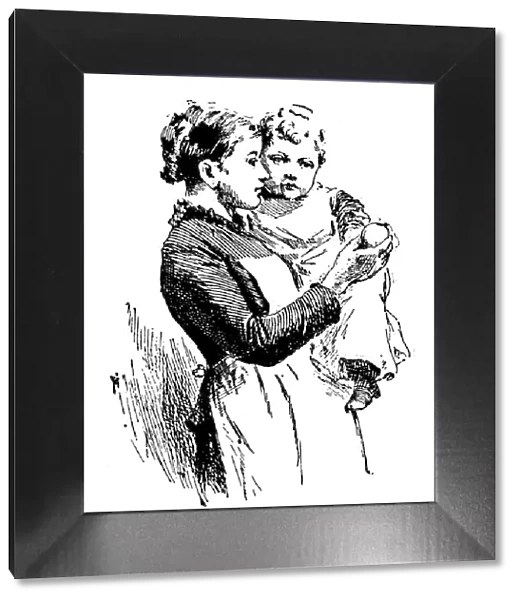 Antique childrens book comic illustration: mother and child