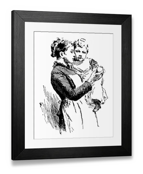 Framed Print : Antique childrens book comic illustration: mother and child