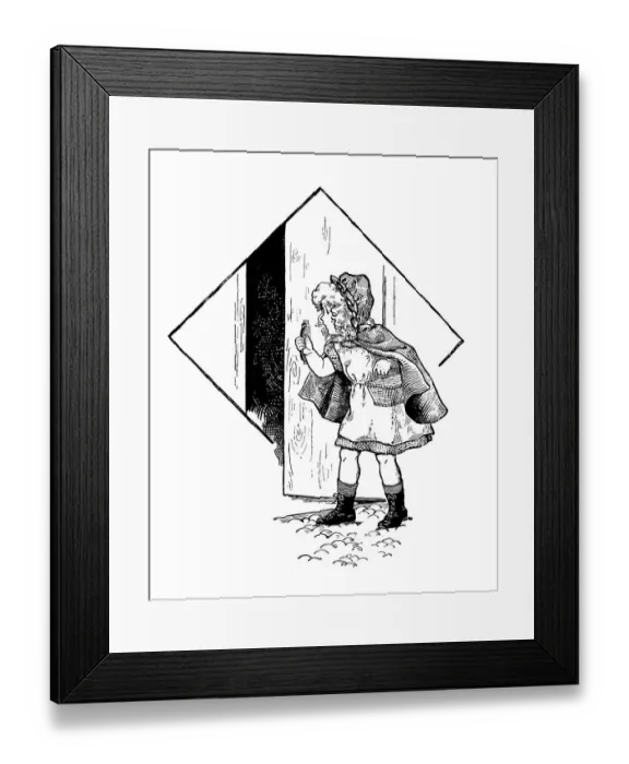 Framed Print : Antique childrens book comic illustration: little girl opening door