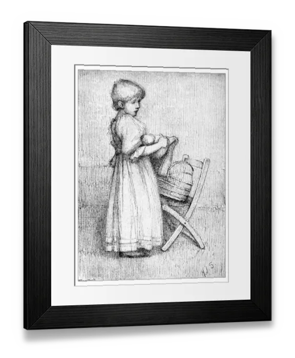 Framed Print : Antique childrens book comic illustration: little girl with doll